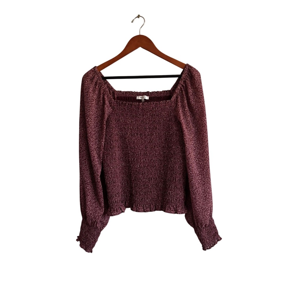 Madewell Burgundy Floral Smocked Square Neck Peplum Top Long Sleeve Size M